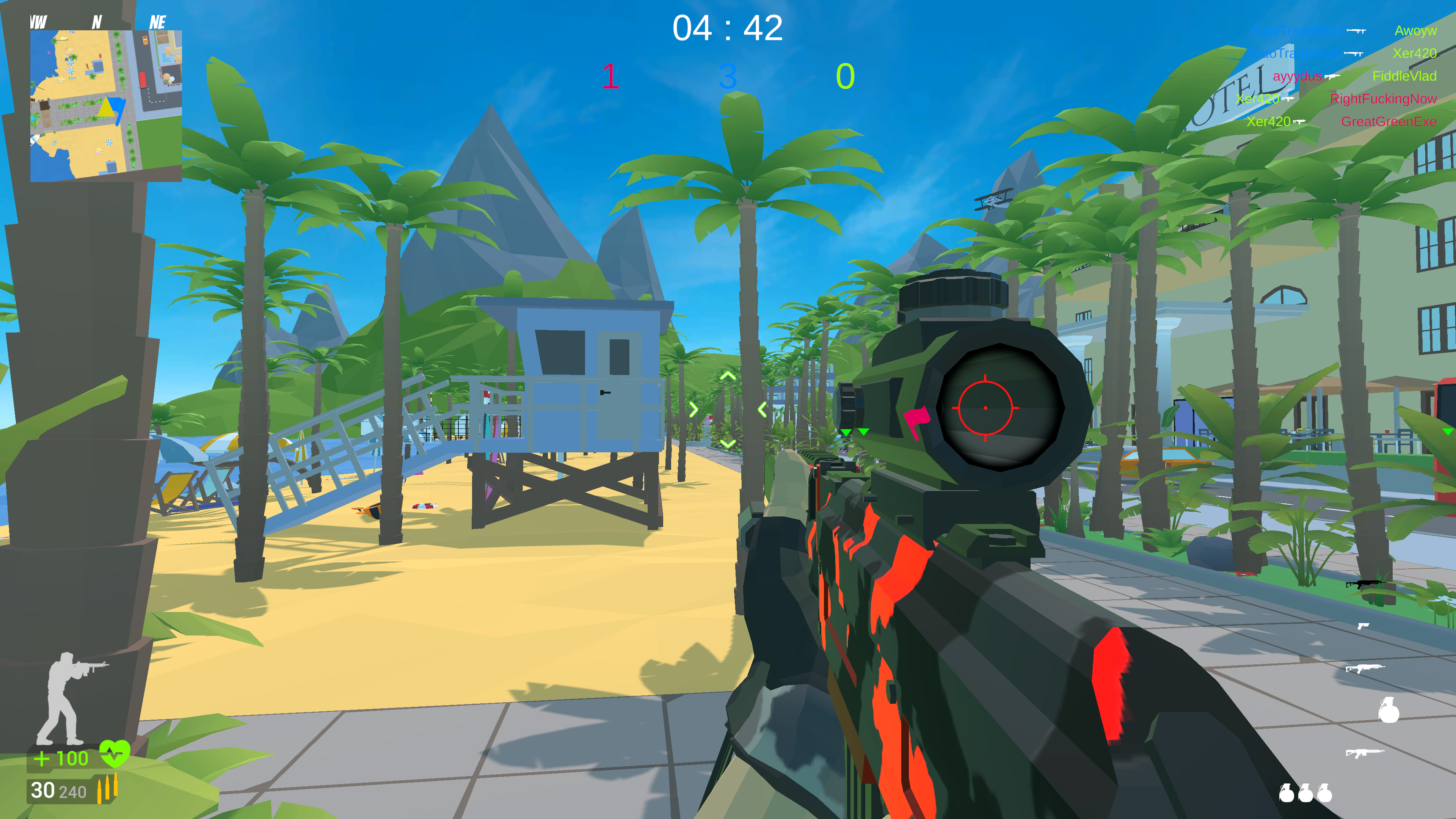 First-person combat on the Tropical City beach map